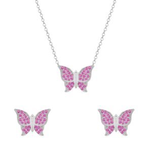 Conjunto Prateado de Borboletas Cravejado de Zircônia Rosa